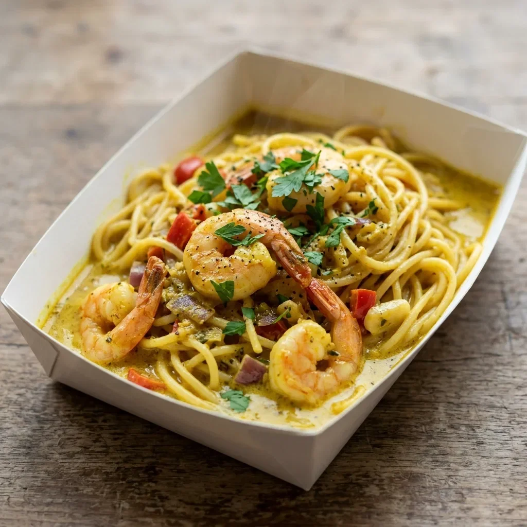Spaghetti scampi curry