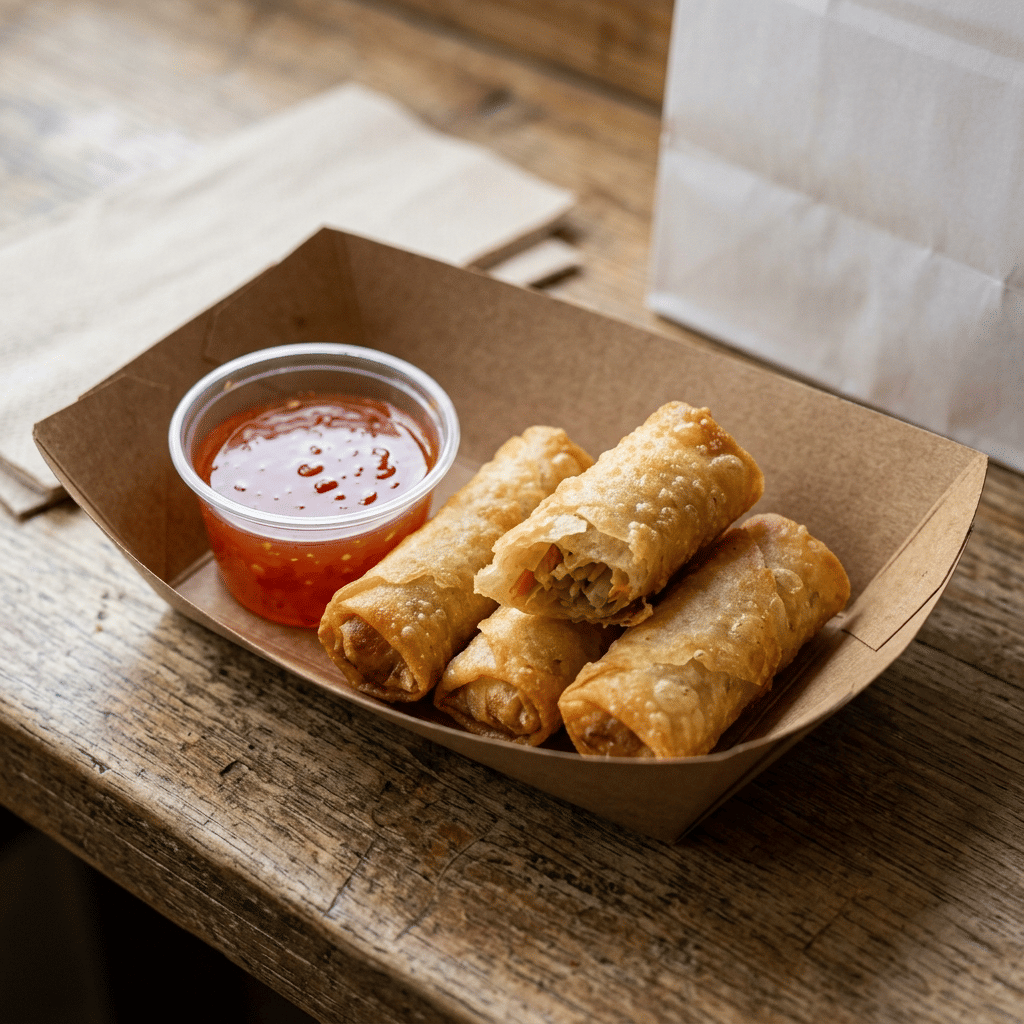 Mini loempia's met een potje zoetzure saus