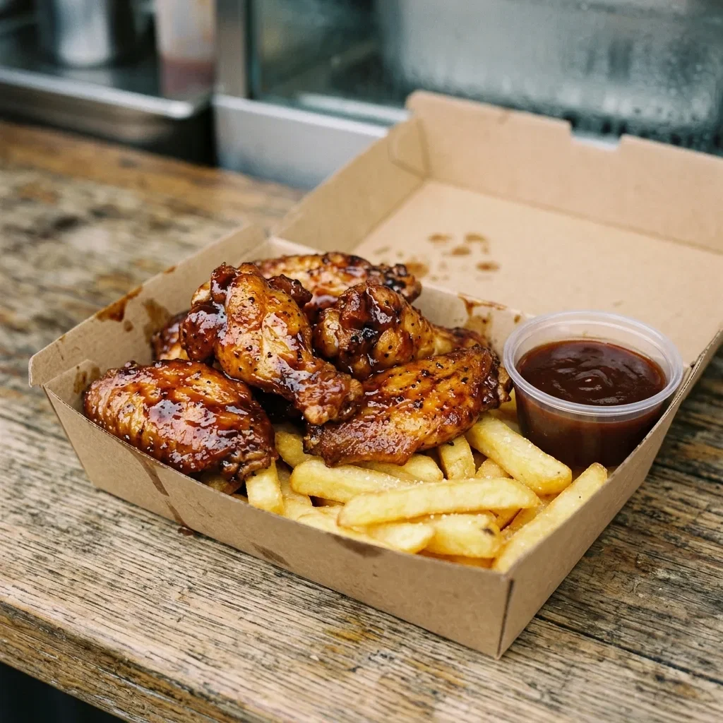 6 chicken wings + bbq-saus