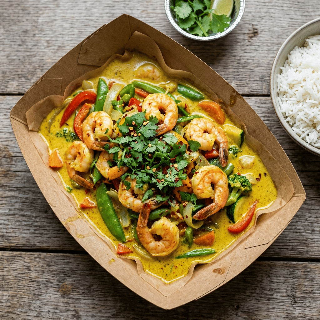 Curryschotel scampi met groenten