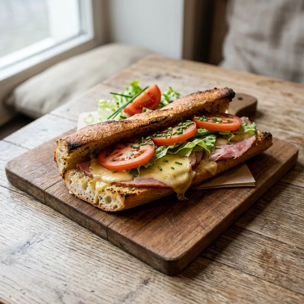 Lookbaguette met kaas, ham, sla, schijfjes tomaat