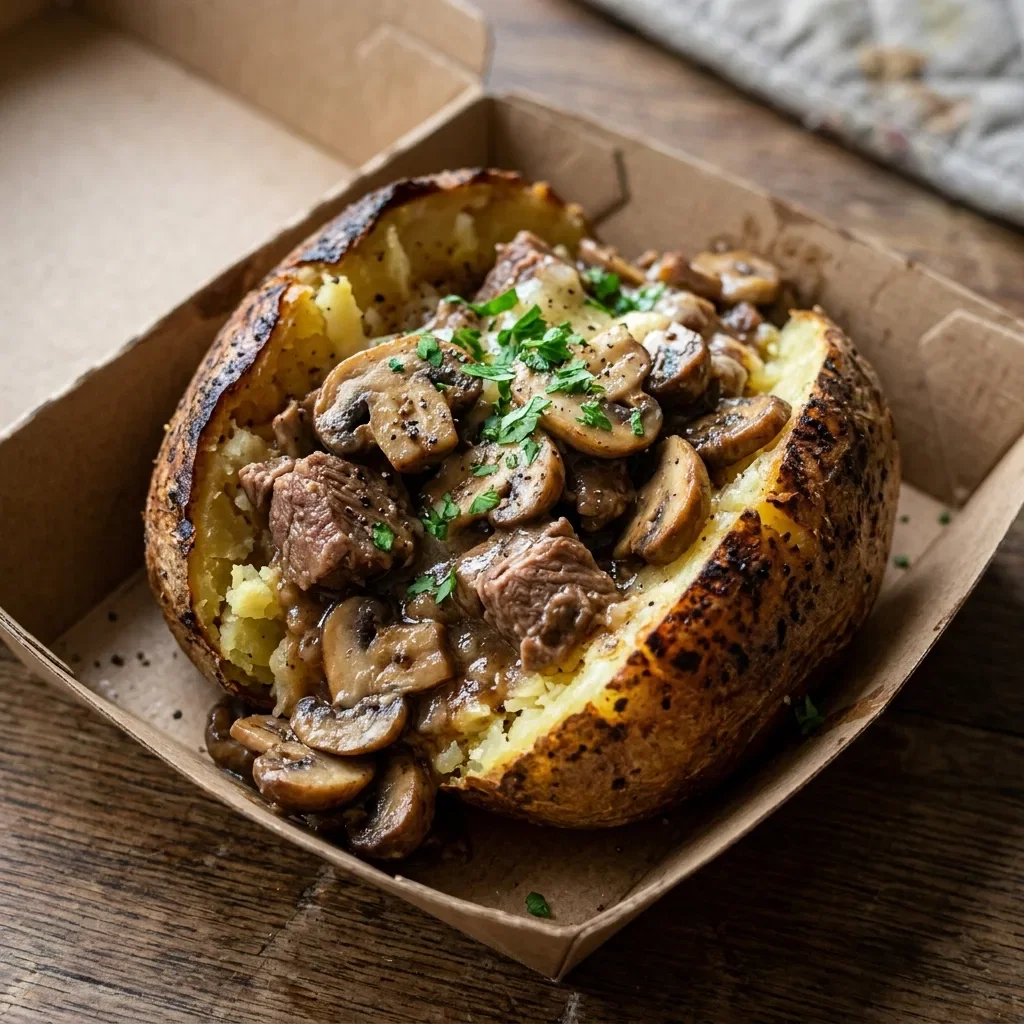 Baked potato lams champignons