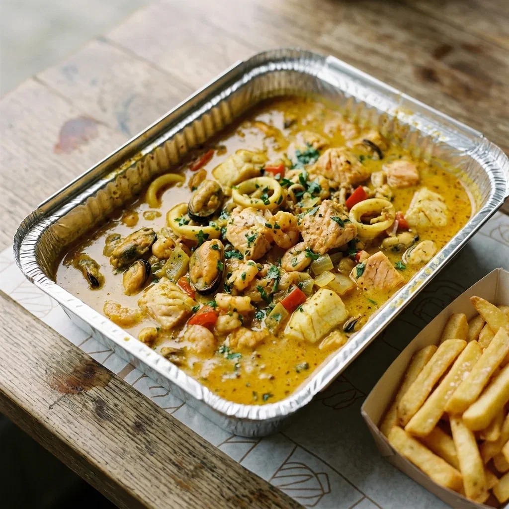 Zeevruchten in currysaus