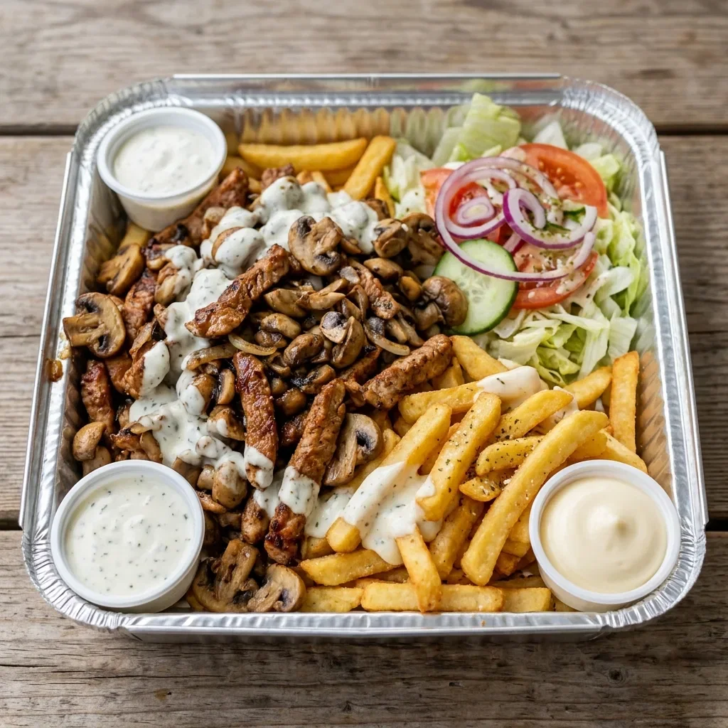 Pita schotel varkensvlees champignons