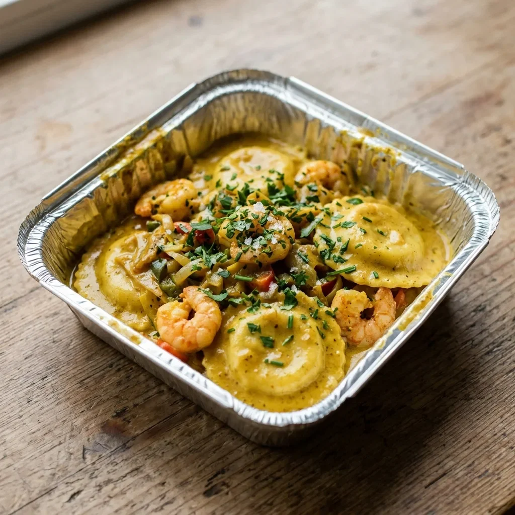 Ravioli scampi’s in currysaus